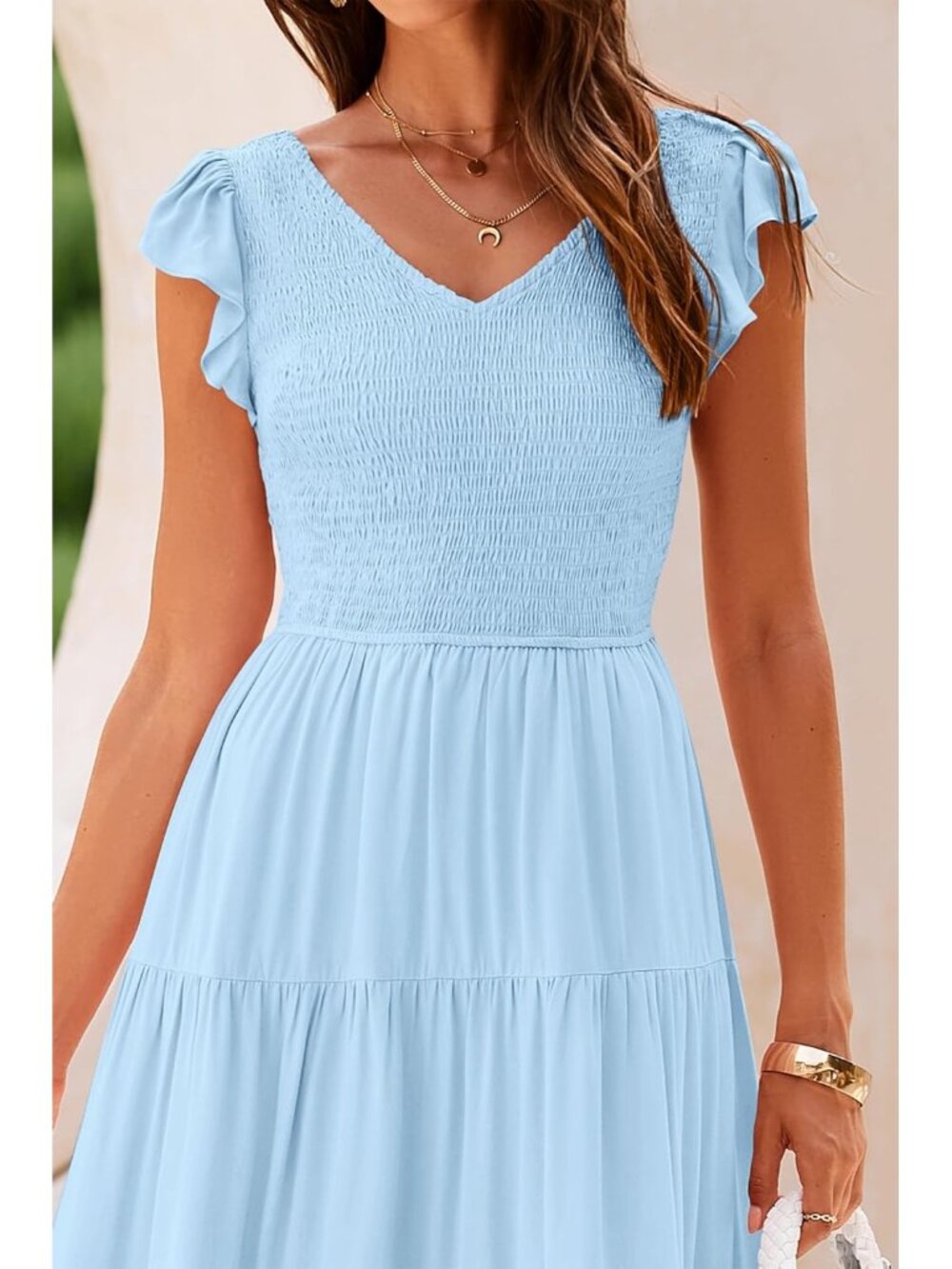 Women's Light Blue Summer Maxi Dress Casual Cap Sleeve V Neck Smocked Beach - Picture 5 of 6